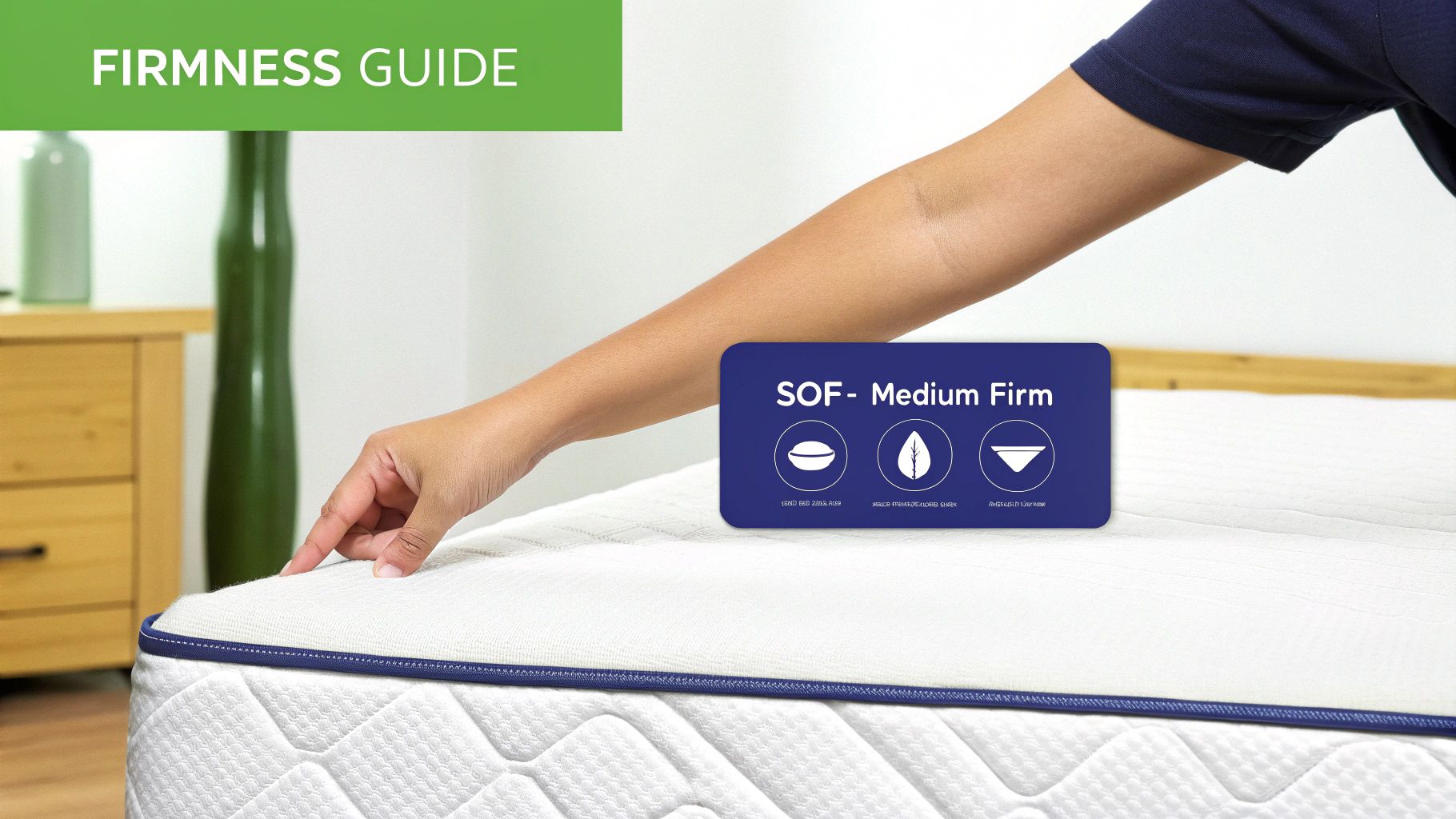 A hand pressing on a white mattress with blue piping, showing a 'SOF - Medium Firm' label and 'Firmness Guide' banner.