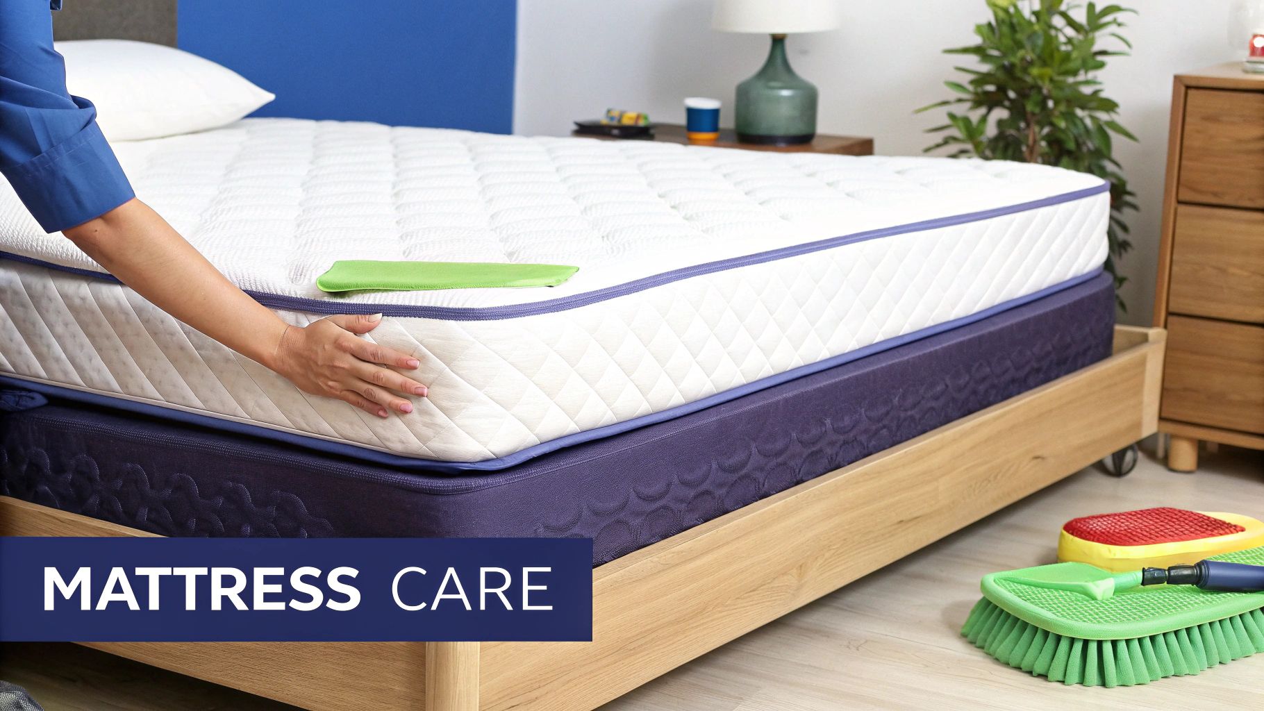 A person rotating a clean single mattress on a bed frame in a bright room.