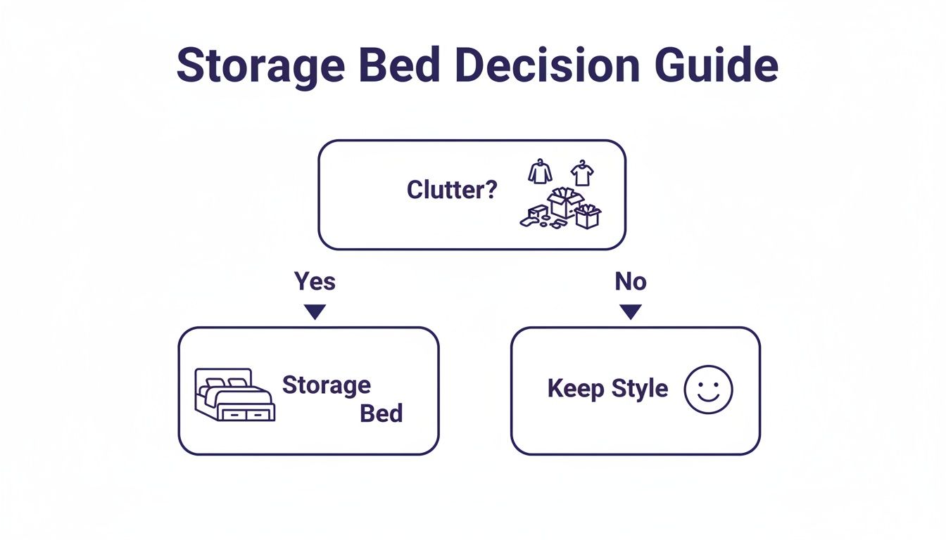 A storage bed decision guide flowchart: 'Clutter?' leads to 'Storage Bed' (Yes) or 'Keep Style' (No).