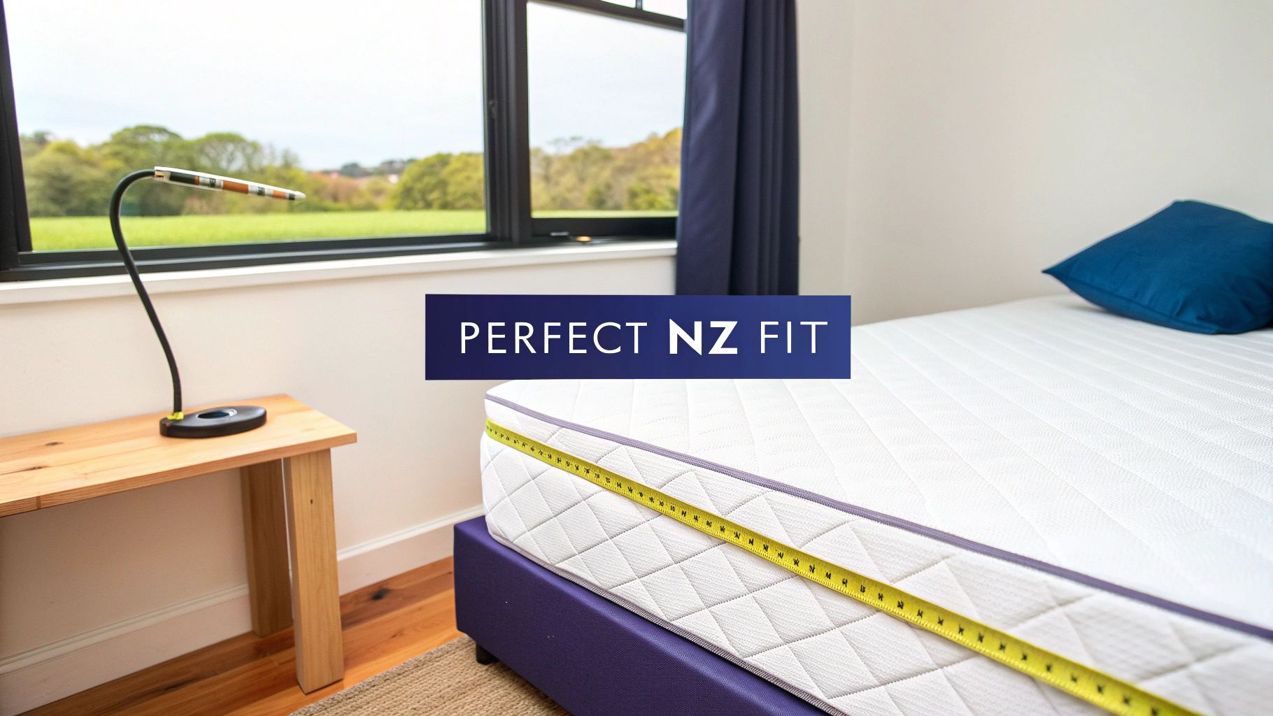White mattress with a yellow measuring tape, blue pillow, and 'PERFECT NZ FIT' banner in a bright bedroom.