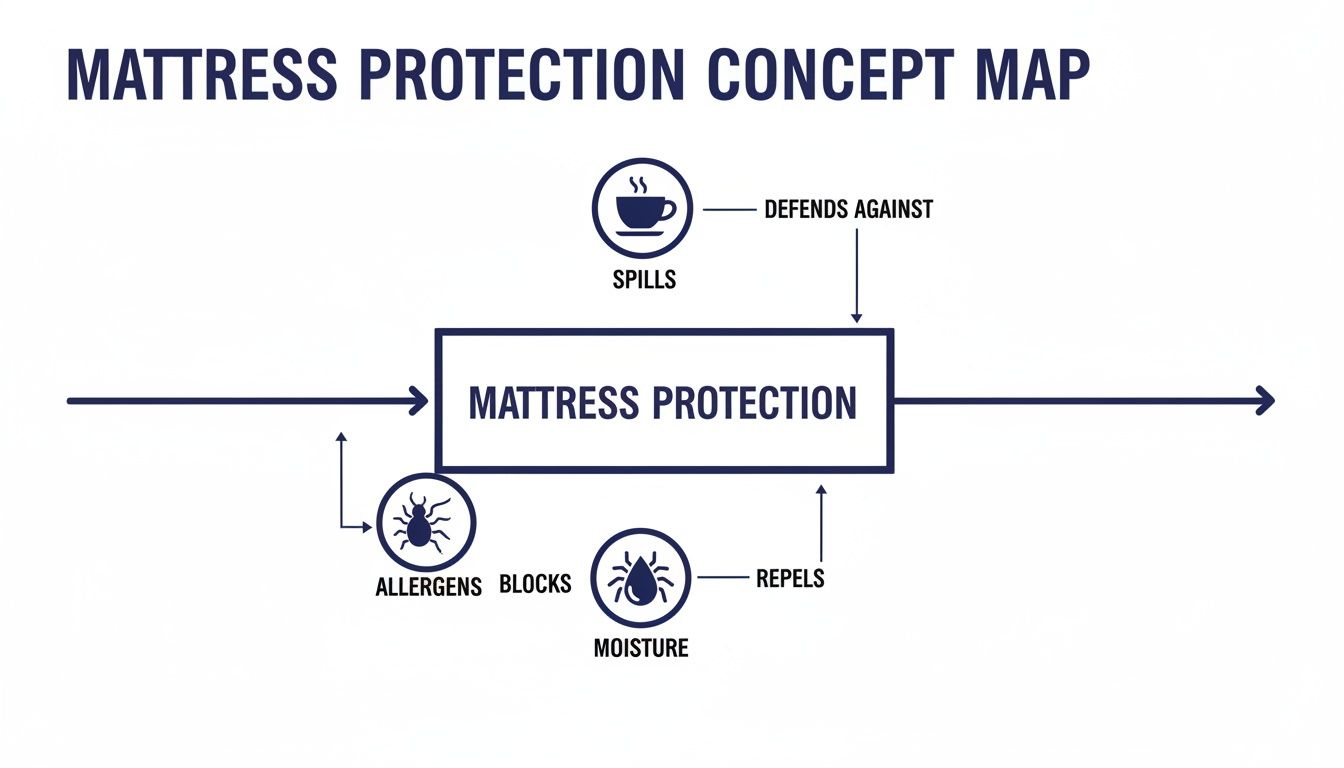 A concept map showing how mattress protection defends against spills, blocks allergens, and repels moisture.