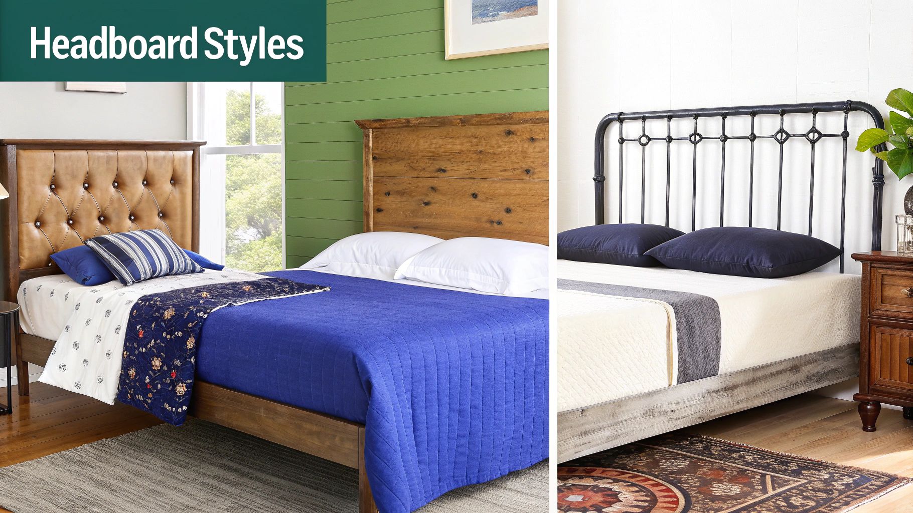 Three distinct headboard styles: tufted leather, rustic wood planks, and decorative black metal.