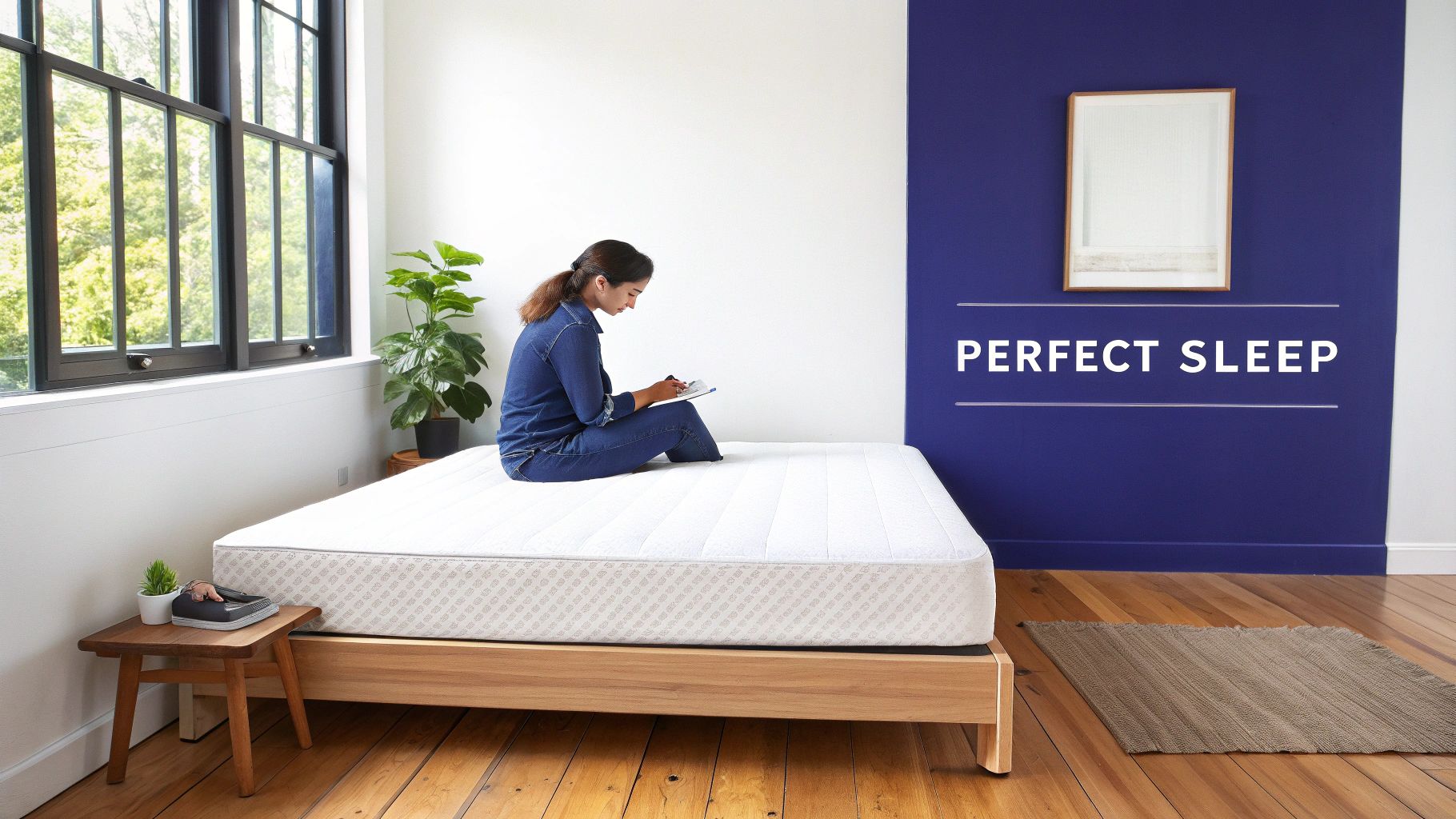 A woman in denim sits on a memory foam mattress, reading from a tablet in a bright, modern bedroom.