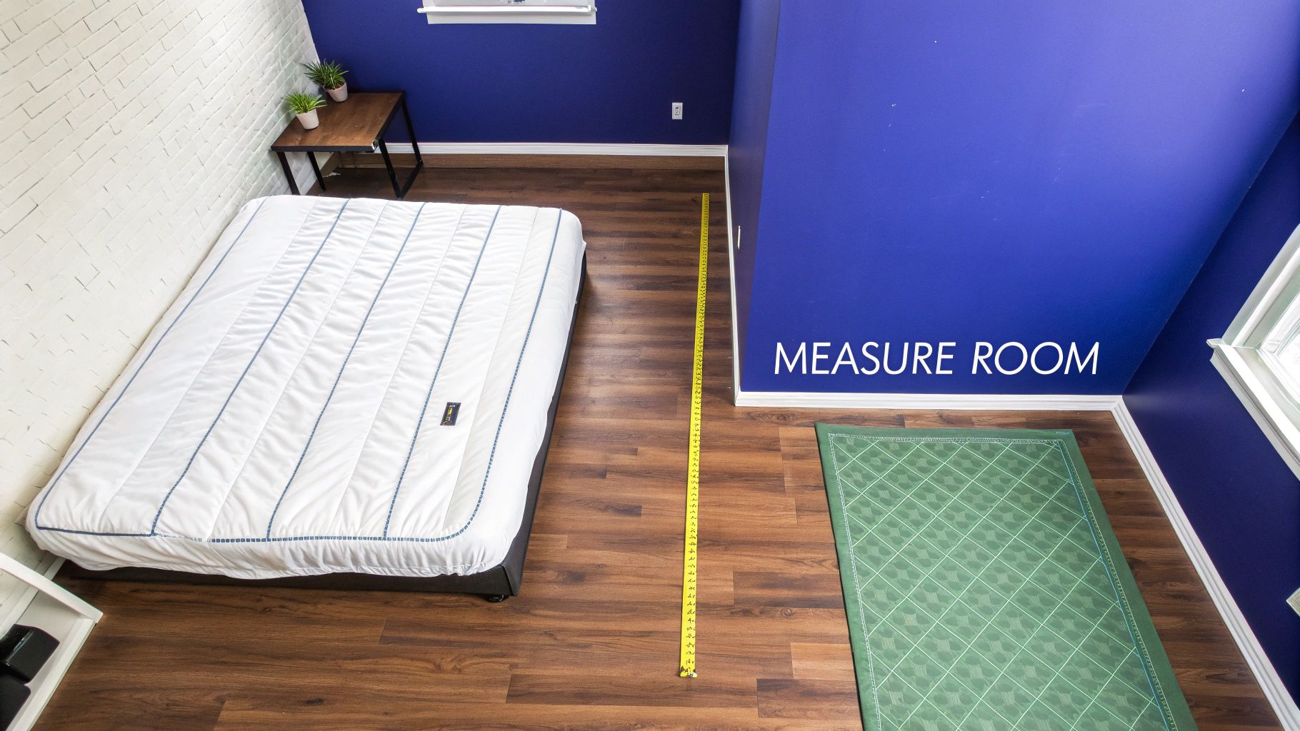 A person using a tape measure in a bedroom to plan furniture placement.