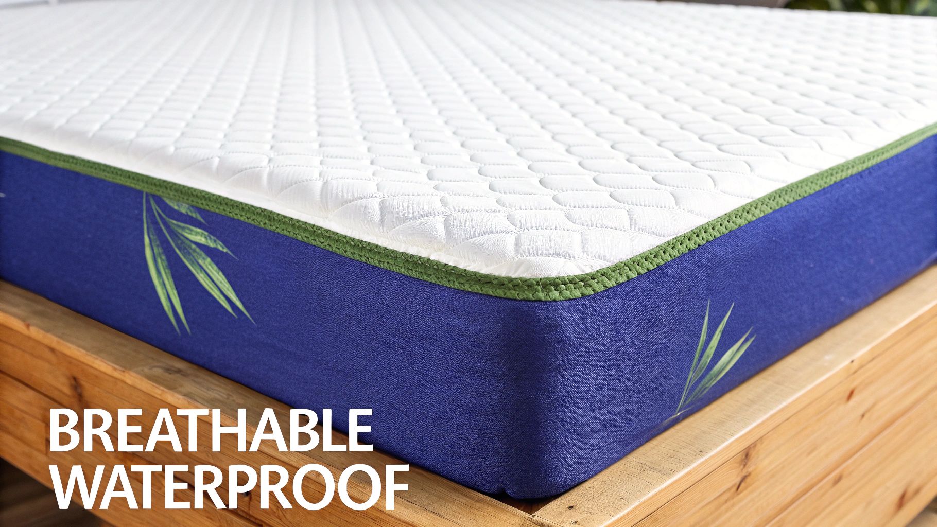 A breathable, waterproof mattress with a white quilted top, blue sides, and green trim with bamboo leaves.