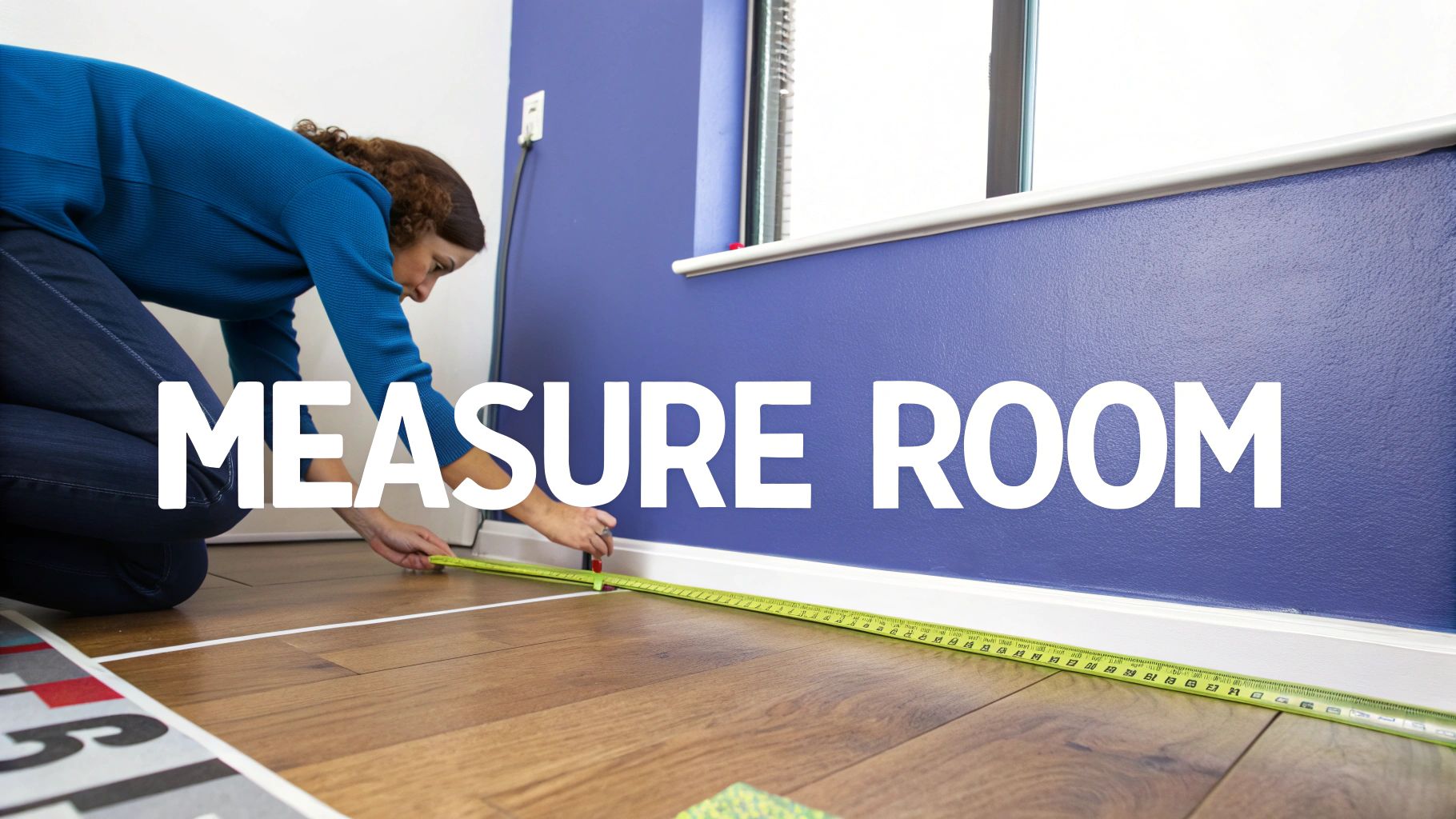 A person on hands and knees measuring a room's floor with a green tape measure.