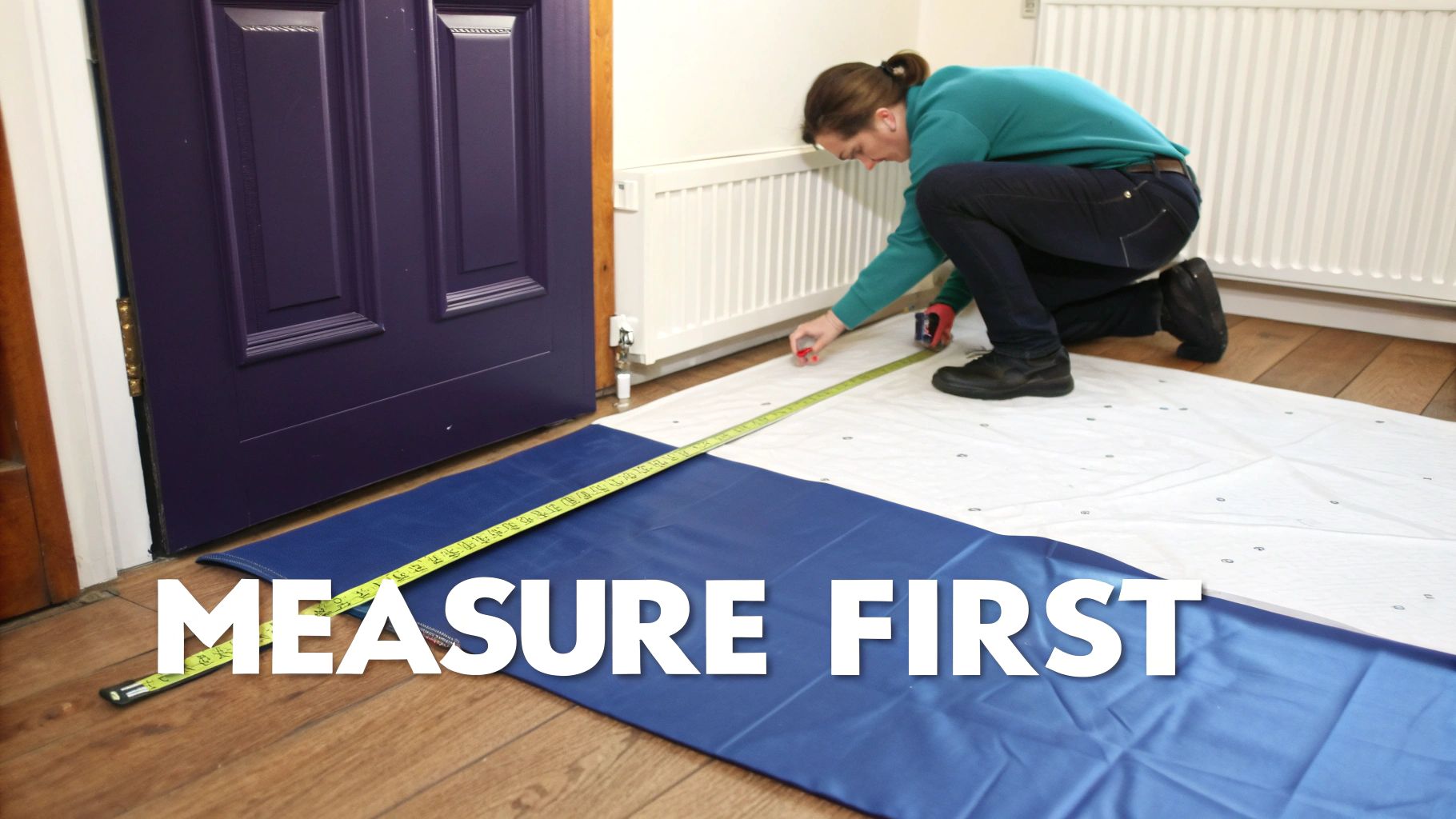 A person measuring a bedroom floor with a tape measure to plan for furniture placement.