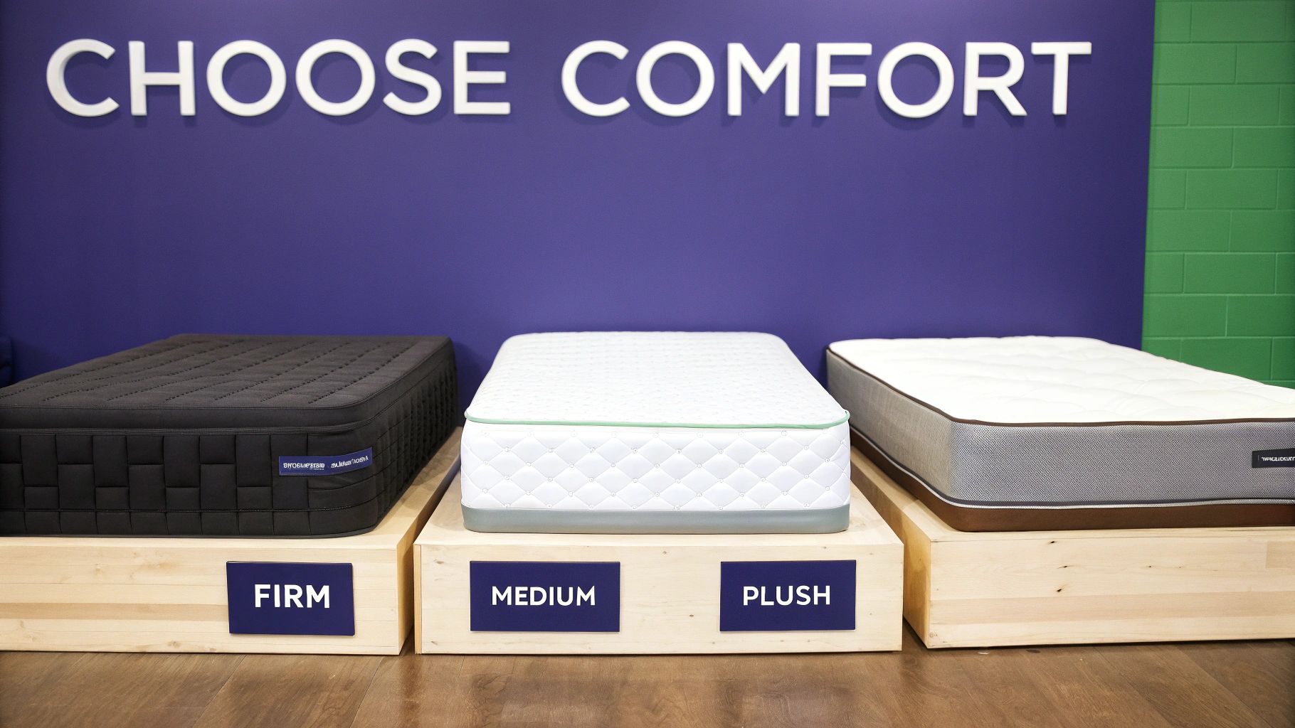 Three mattresses with labels 'Firm', 'Medium', and 'Plush' on wooden platforms, under a 'CHOOSE COMFORT' sign.