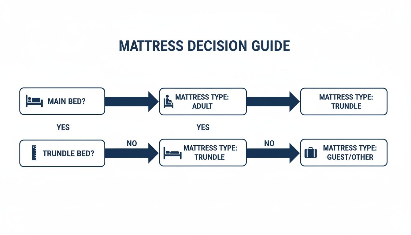 A mattress decision guide flowchart for main, trundle, and guest beds.