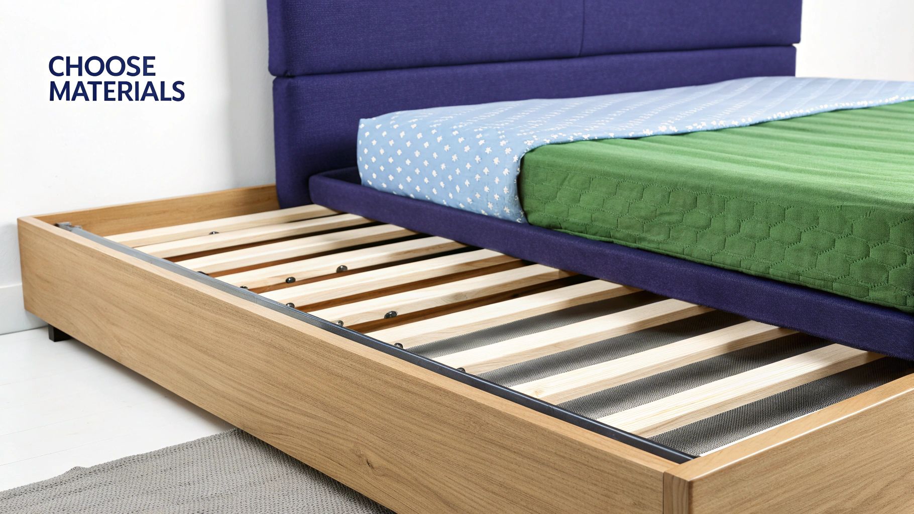 Detailed view of a bed system, showcasing a purple upholstered bed with bedding and a wooden pull-out frame below.