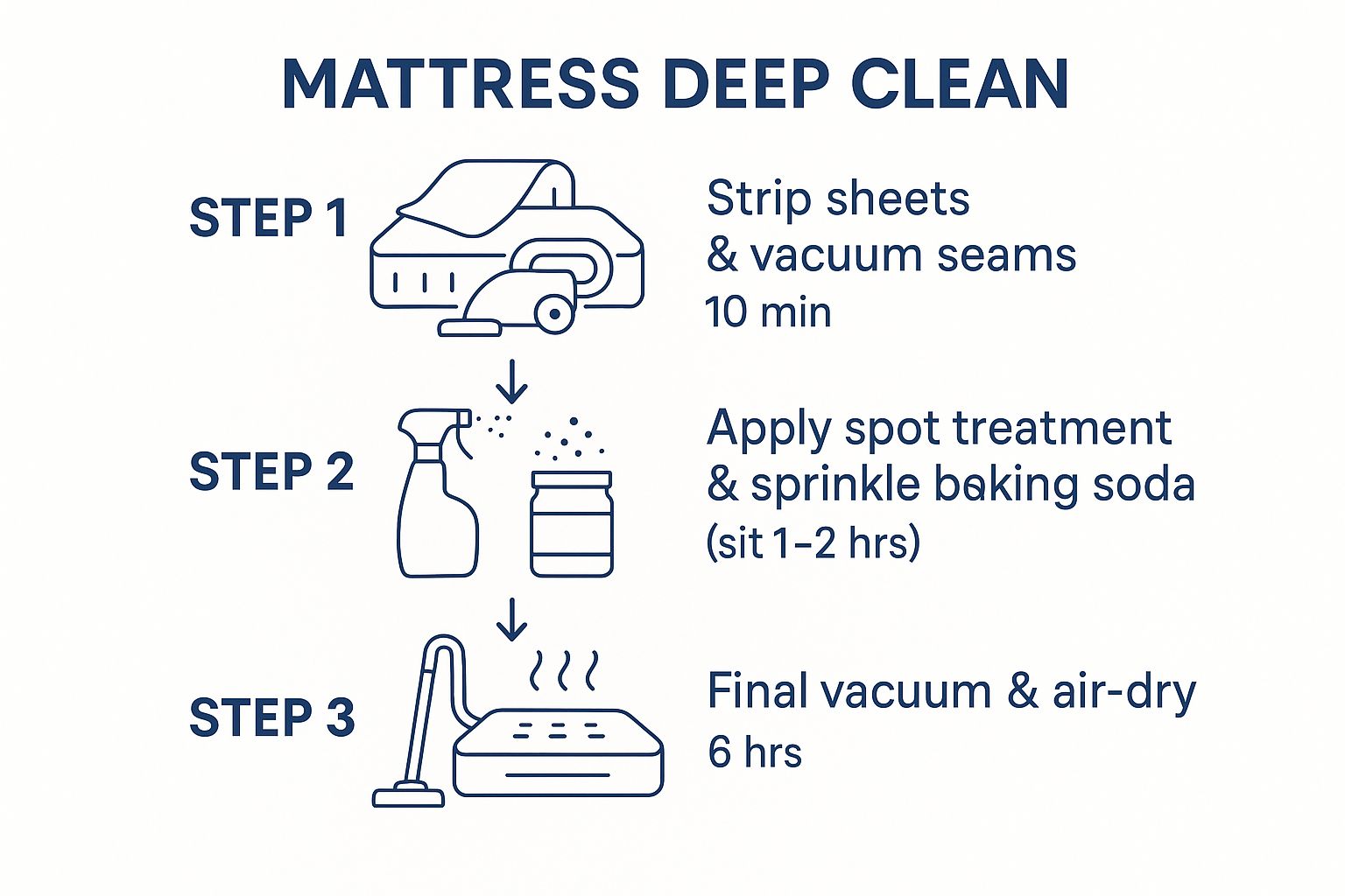Infographic showing a three-step process for cleaning a mattress: 1. Strip and vacuum, 2. Spot treat and deodorise, 3. Final vacuum and air-dry.