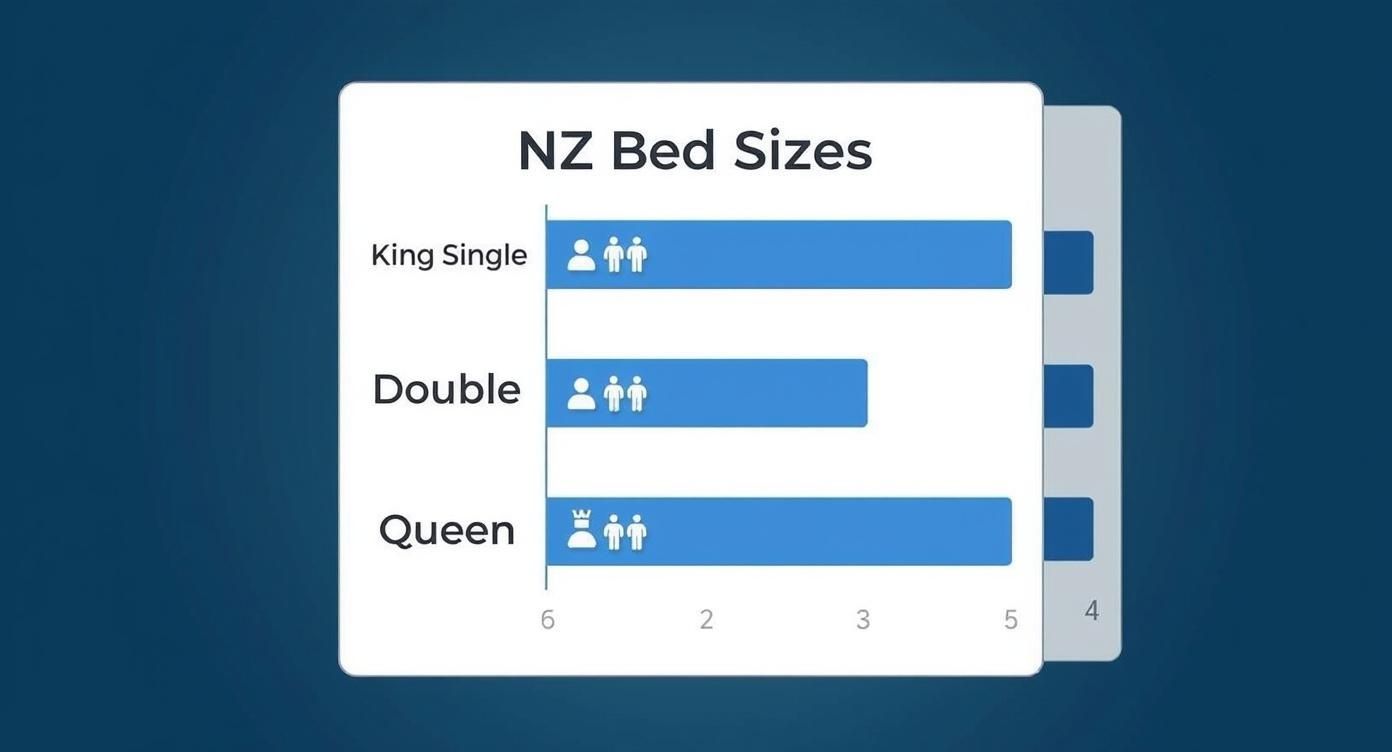 Infographic comparing NZ King Single, Double, and Queen bed sizes with simple icons.