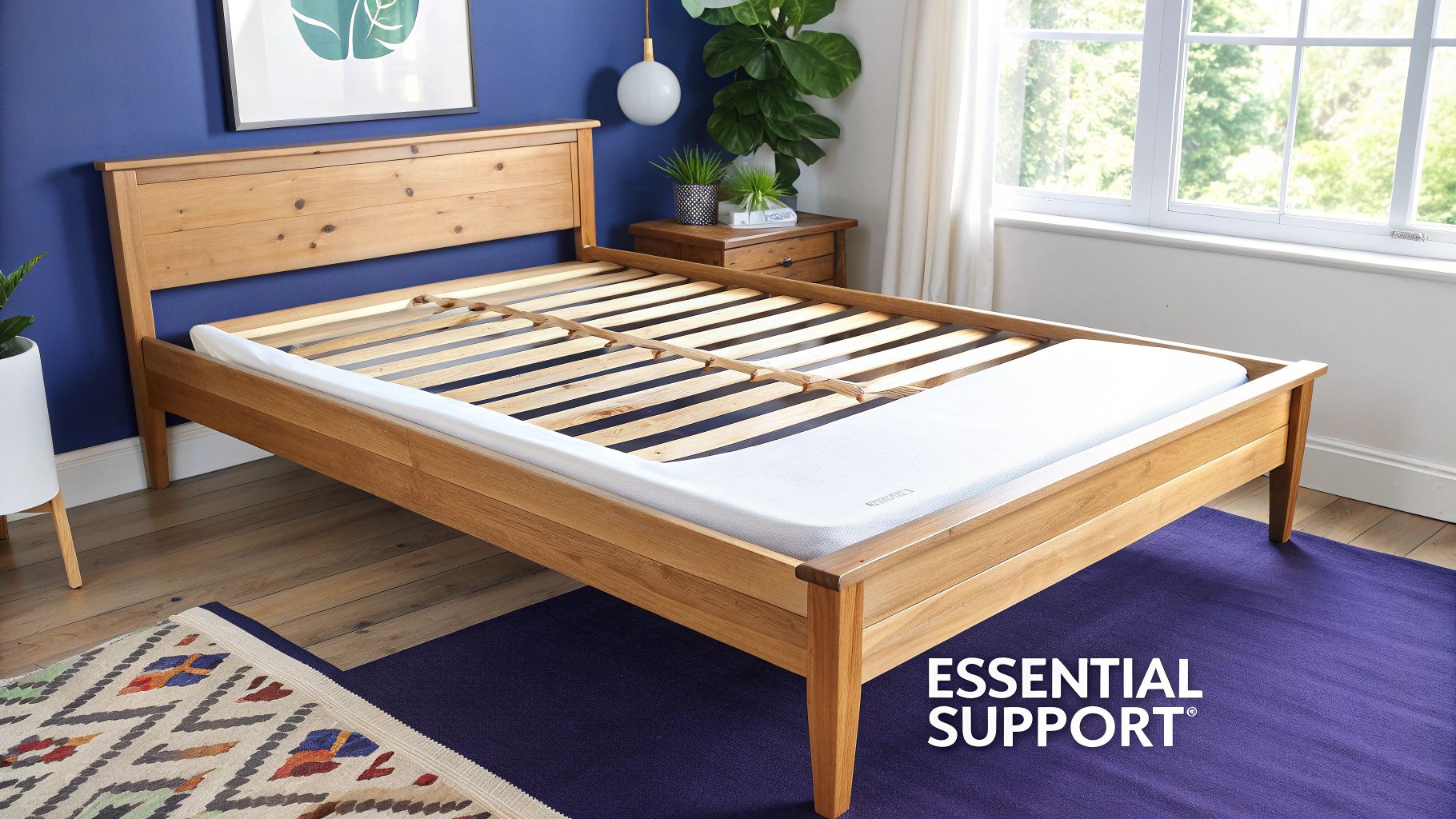 A natural wood bed frame with visible slats and a white mattress pad in a bright bedroom.