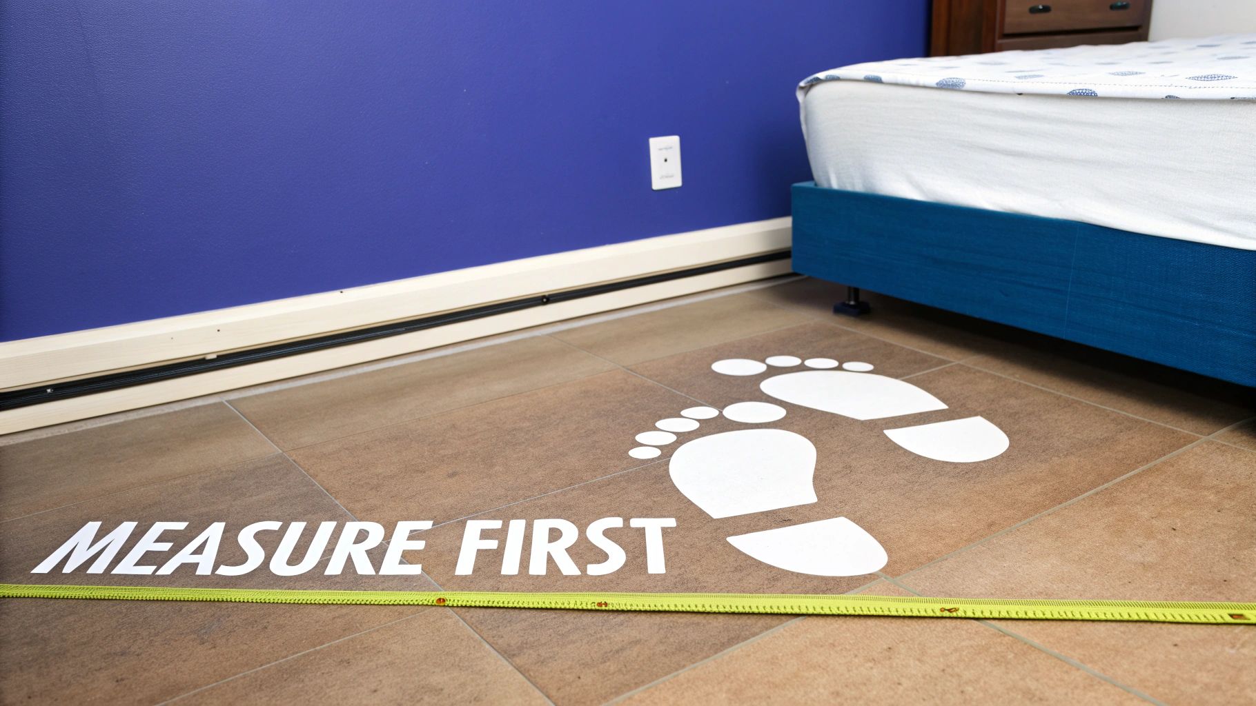 Measuring tape on a tiled floor with 'MEASURE FIRST' text and footprints next to a bed.