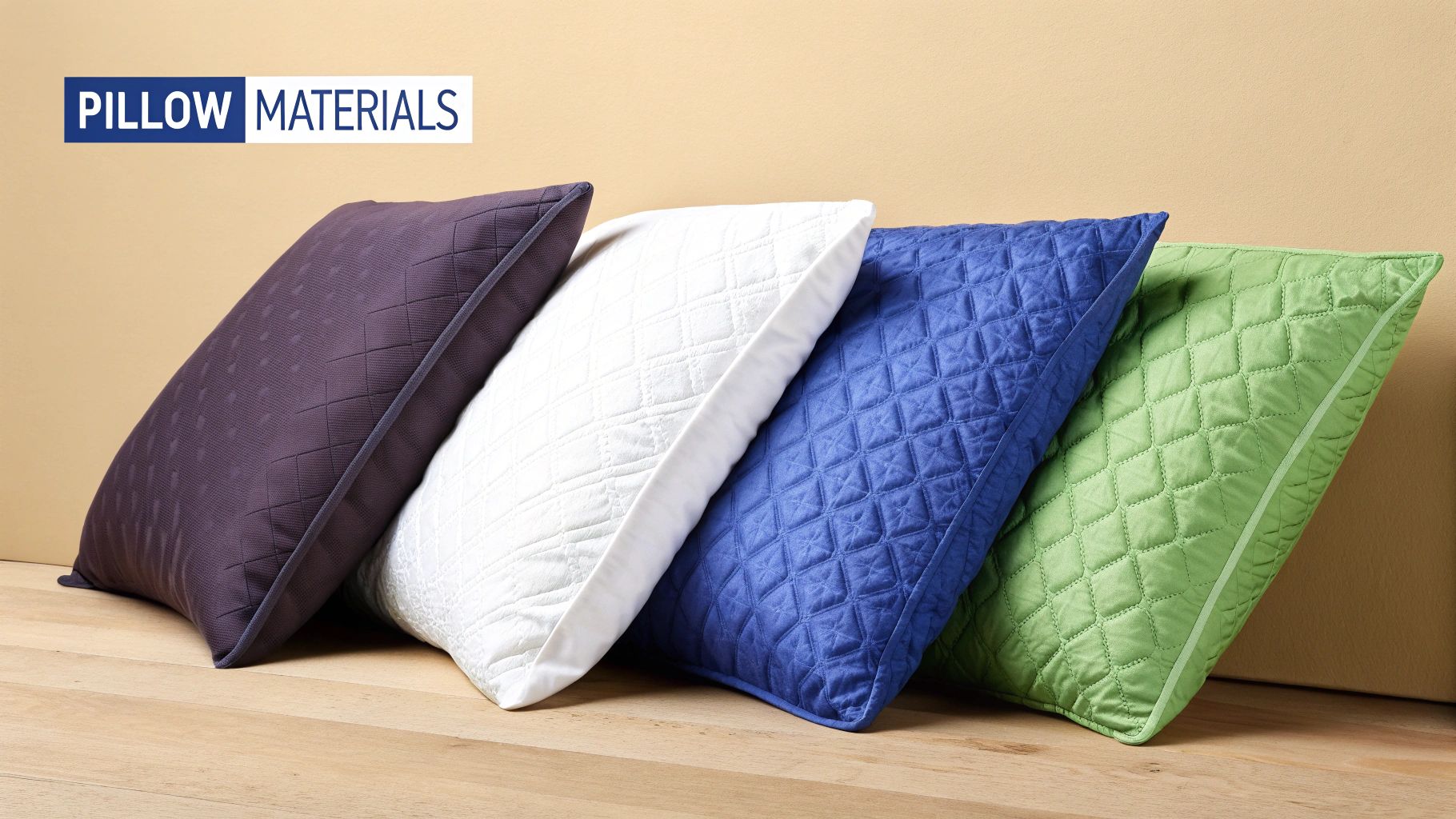 Four quilted pillows in purple, white, blue, and green colors on a wooden floor.