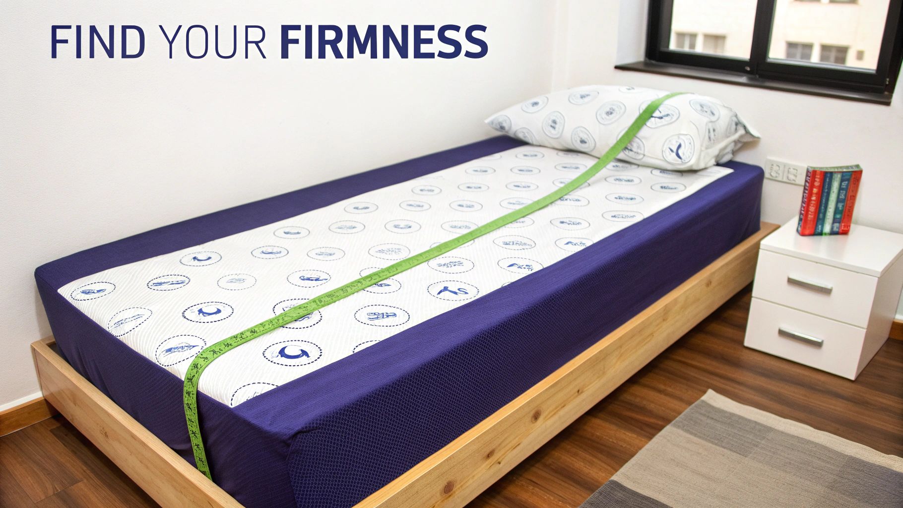 A single bed with a blue and white mattress, a pillow, and a green measuring tape for firmness.