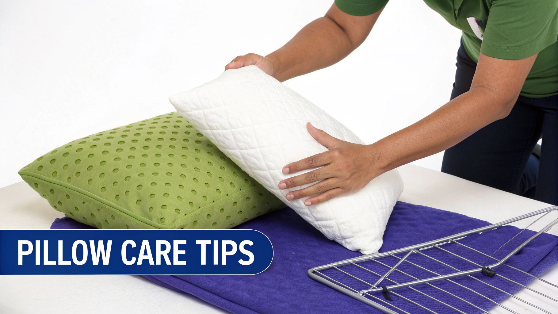 A person fluffing a clean memory foam pillow on a neatly made bed.