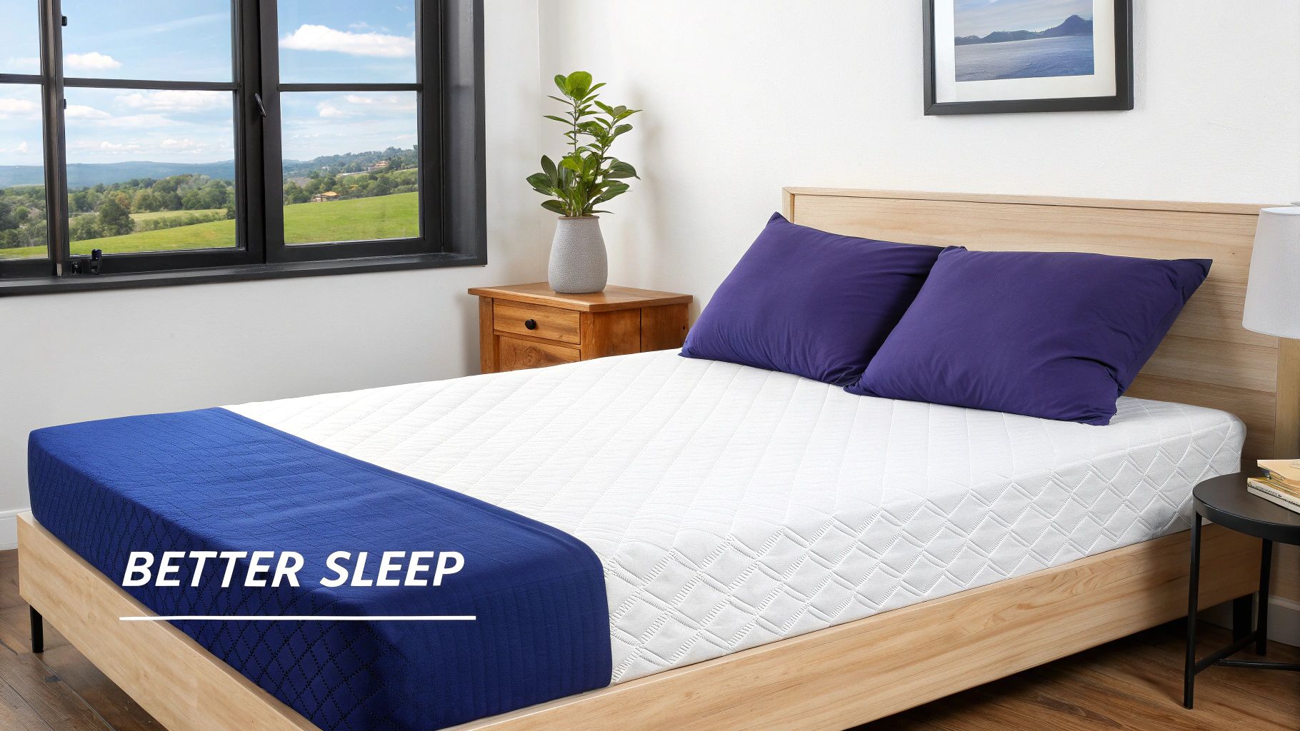 A bright bedroom with a bed featuring a white quilted mattress, purple pillows, and a blue blanket.