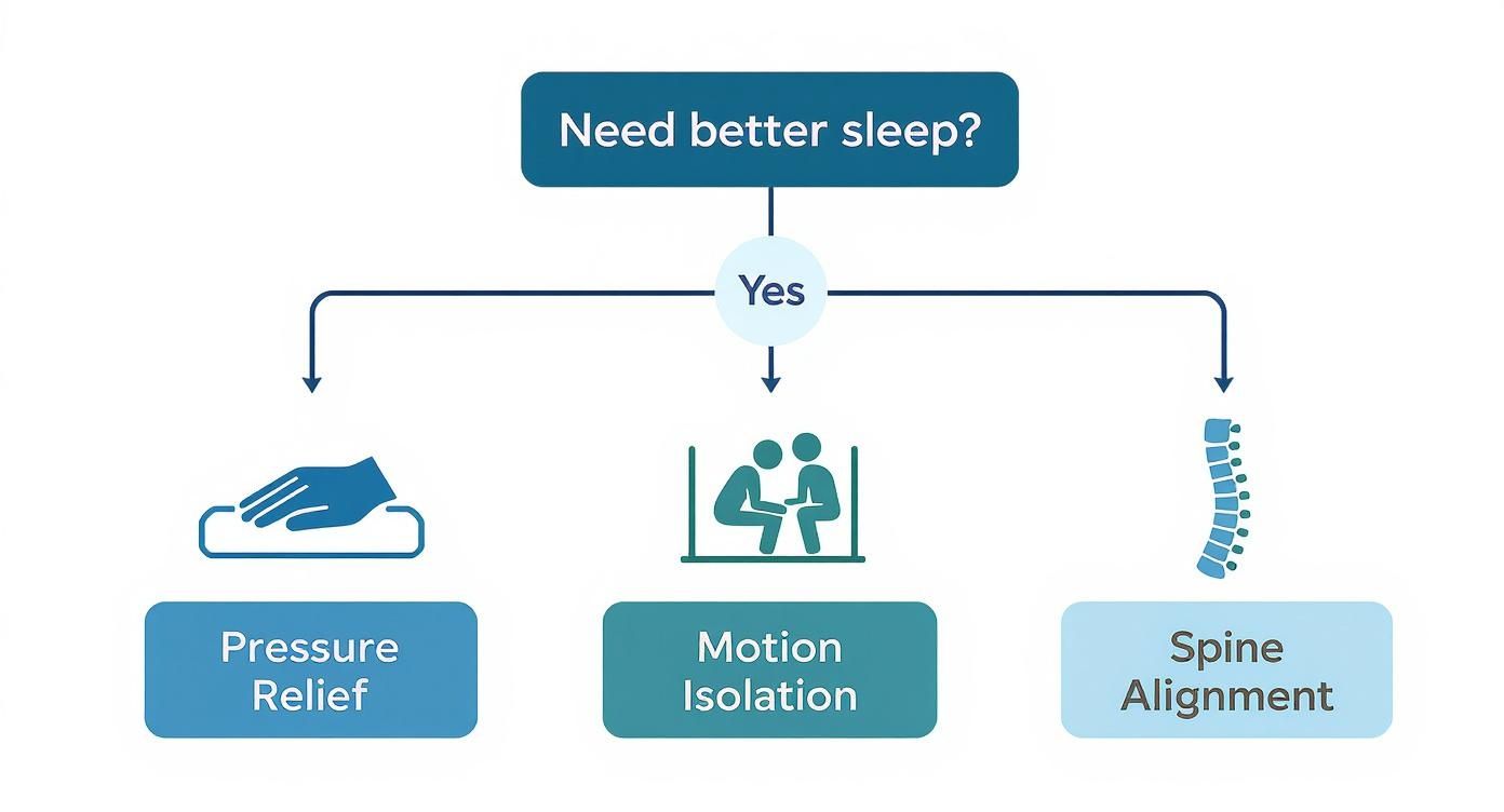 Flowchart showing three sleep improvement solutions: pressure relief, motion isolation, and spine alignment