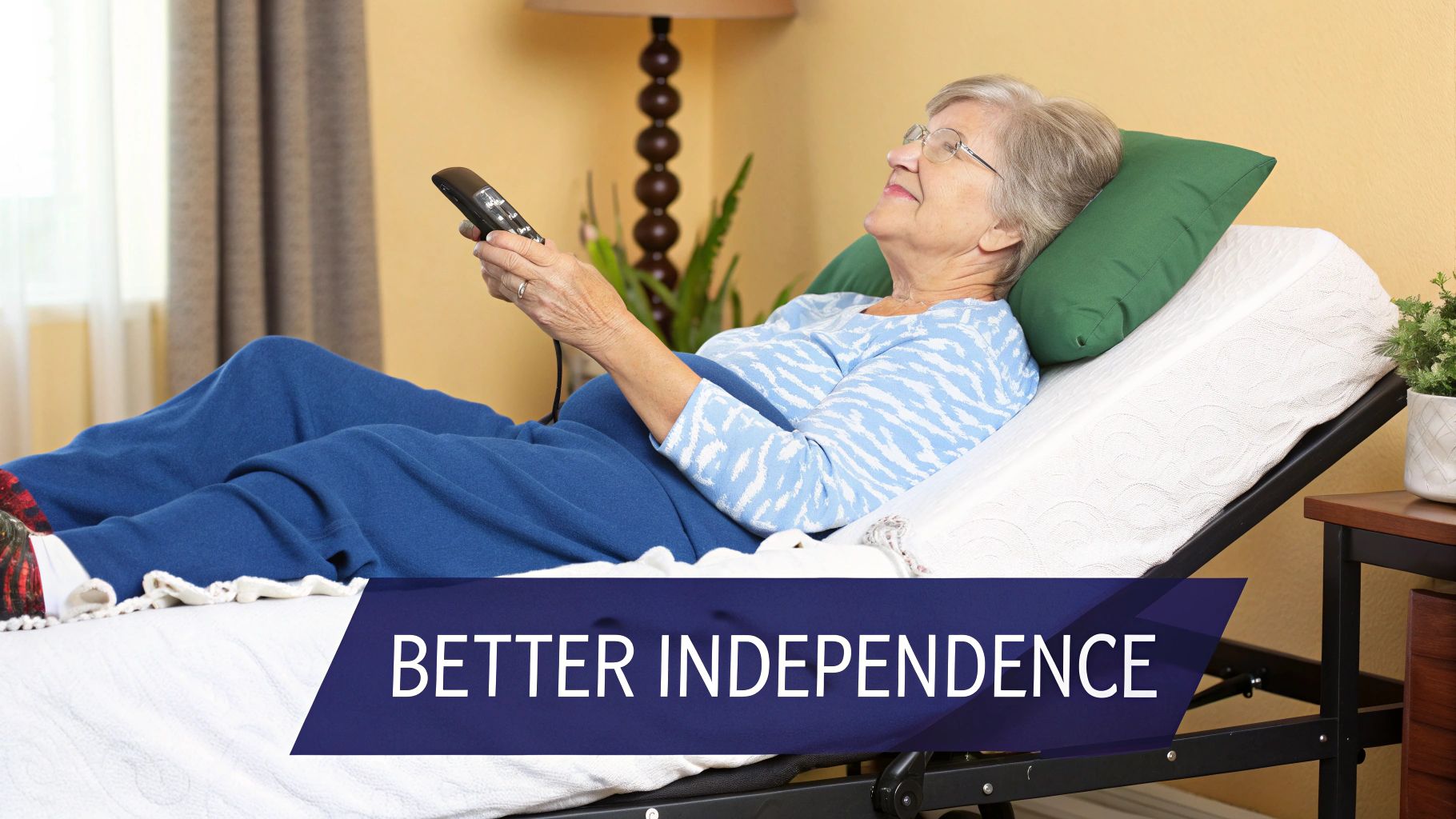 A senior woman smiling and adjusting her bed with a remote control, looking comfortable and relaxed.