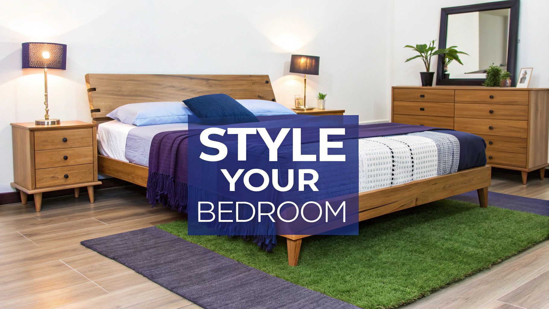 A stylish and well-decorated bedroom with a king bed as the centerpiece.