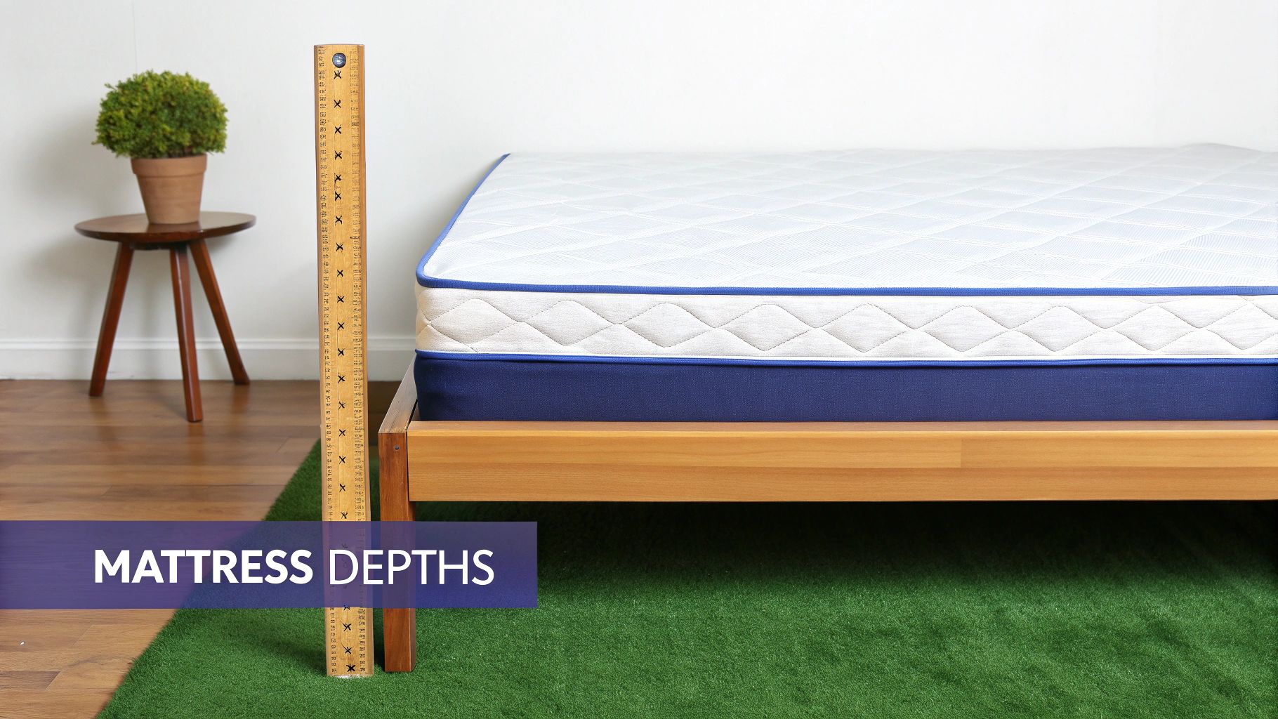 A mattress on a wooden bed frame with a large ruler standing next to it, measuring its depth.