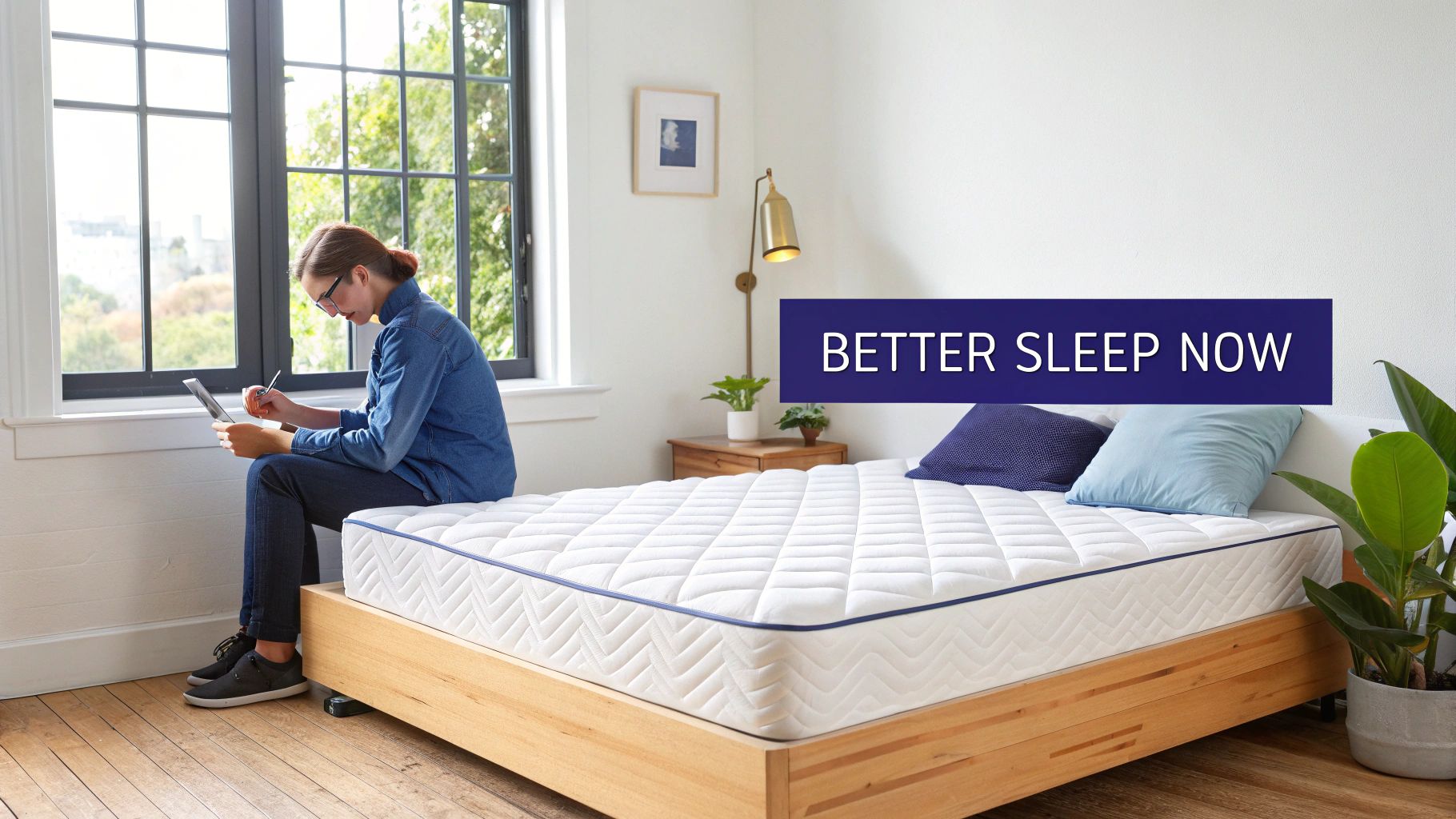 A comfortable bed with a memory foam mattress topper, pillows, and a blanket.