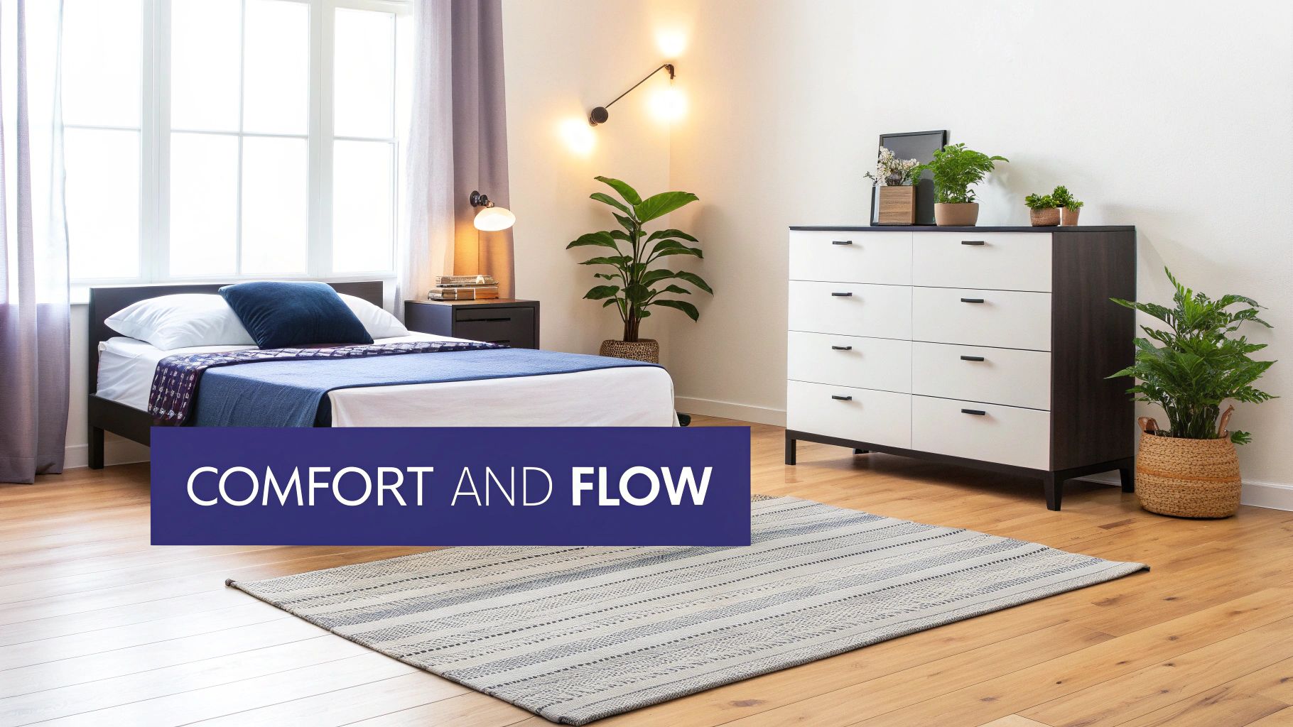 A modern bedroom with a well-made bed, decorative pillows, a throw blanket, and a plant on the bedside table, creating a cosy and inviting atmosphere.