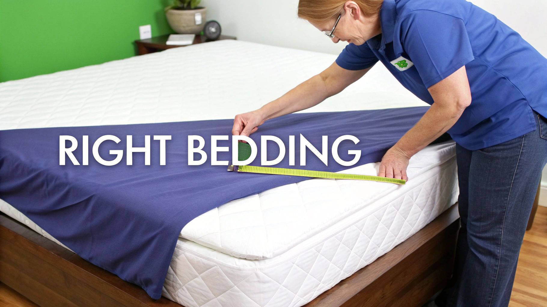 A woman measures blue fabric for bedding on a white mattress with a yellow tape measure.