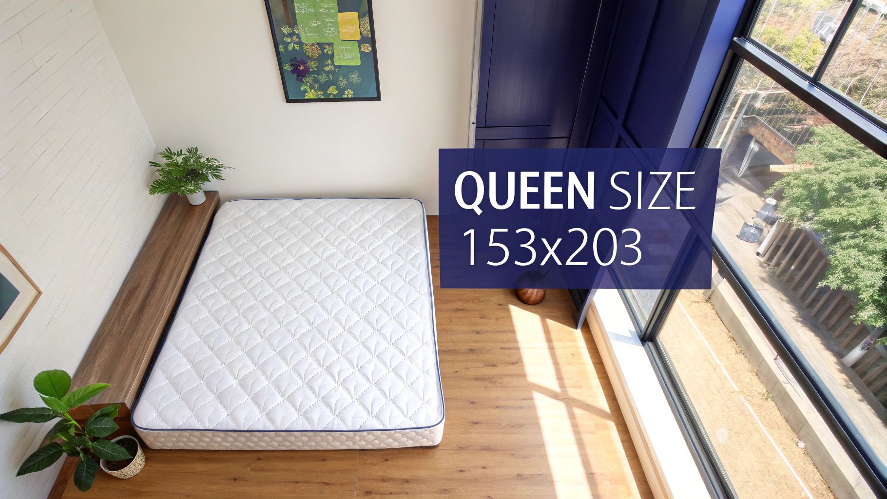 A stylish queen bed frame with a wooden headboard in a well-lit, modern bedroom.