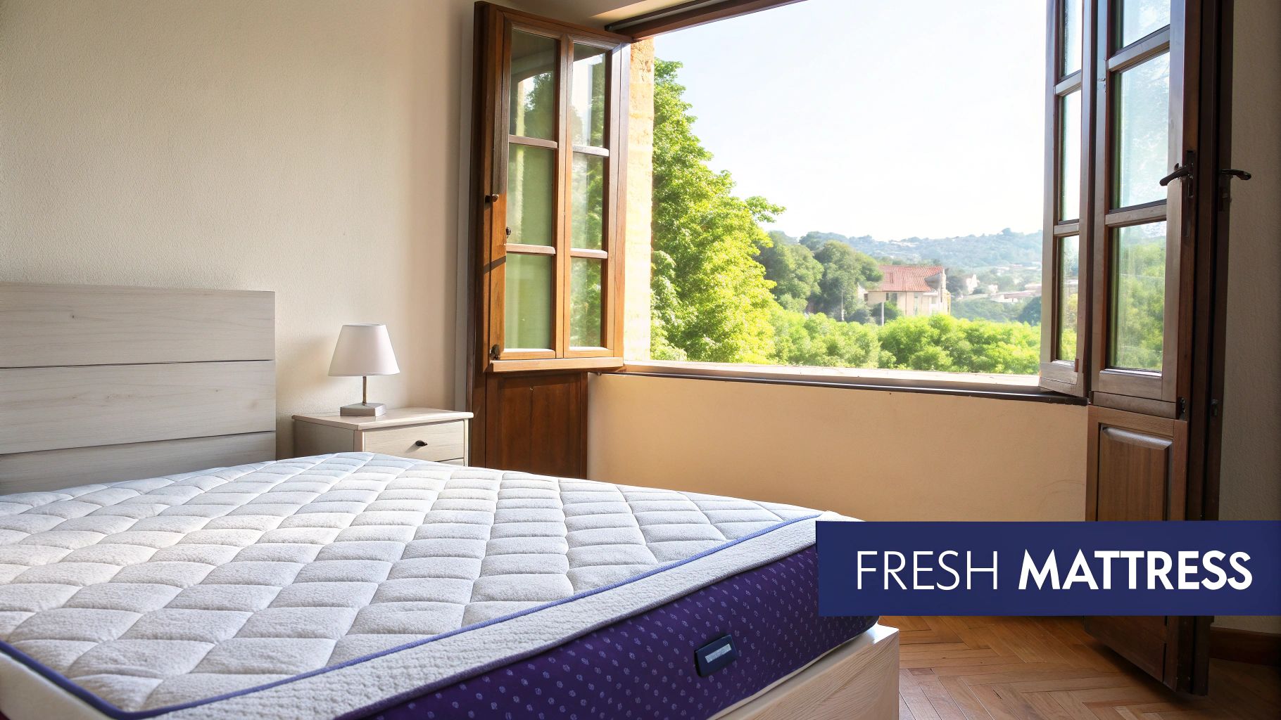 A bright bedroom with a new white and purple mattress, a nightstand, and an open window overlooking a scenic view.