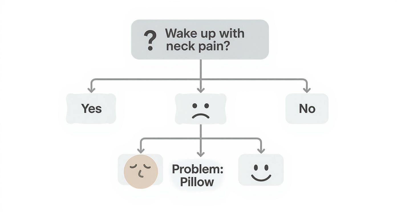 Infographic showing a decision tree about waking up with neck pain and pointing to the pillow as the problem.