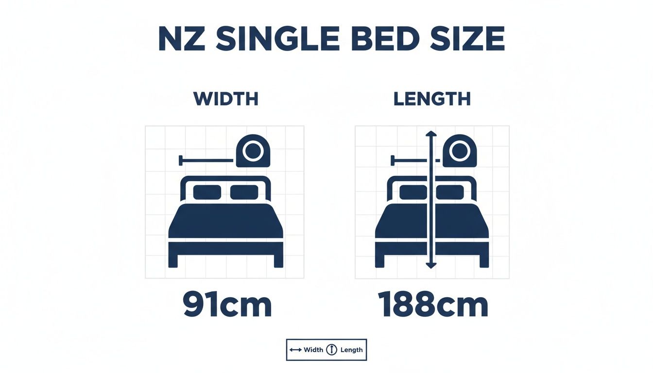 NZ Single bed size illustration showing width (91cm) and length (188cm) dimensions.