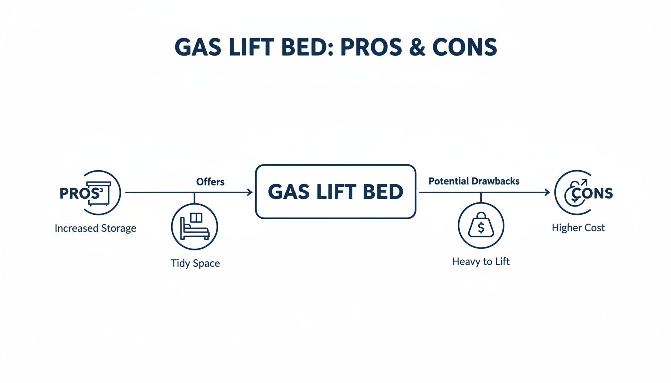 Flowchart illustrating the pros and cons of a gas lift bed, highlighting storage, tidiness, weight, and cost.