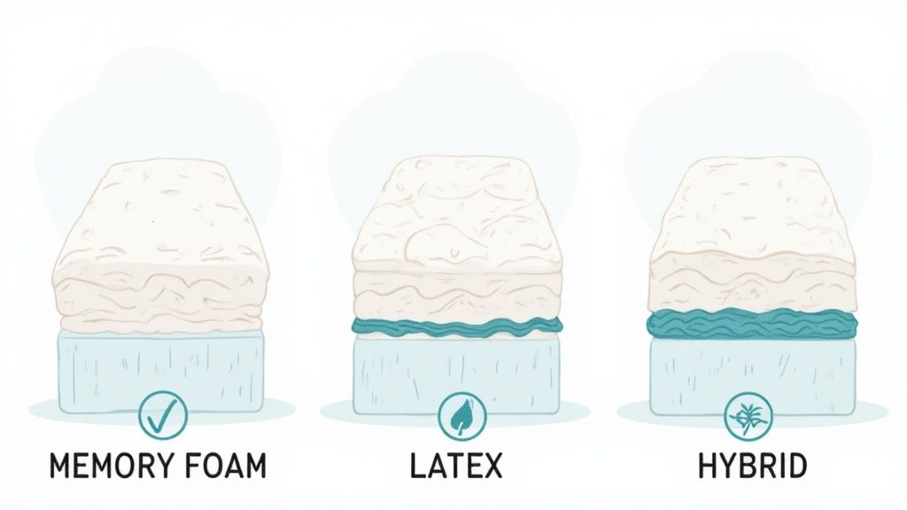 Close-up shot showing the different layers of a hybrid mattress with foam and coils
