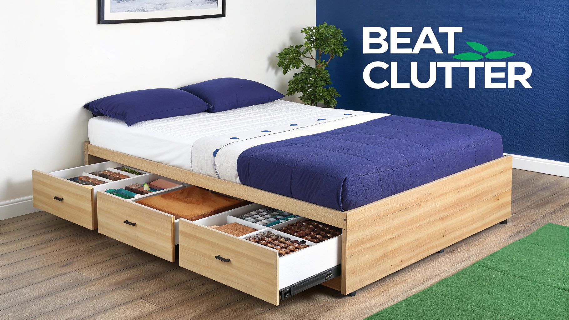 Wooden bed frame with under-bed storage drawers open, revealing organized items and blue bedding.