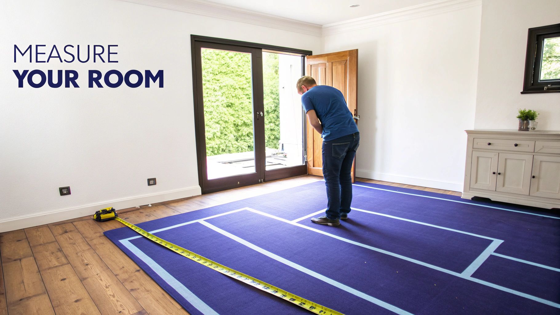 A man measures a room with a purple rug and a long yellow tape measure. Text says 'MEASURE YOUR ROOM'.