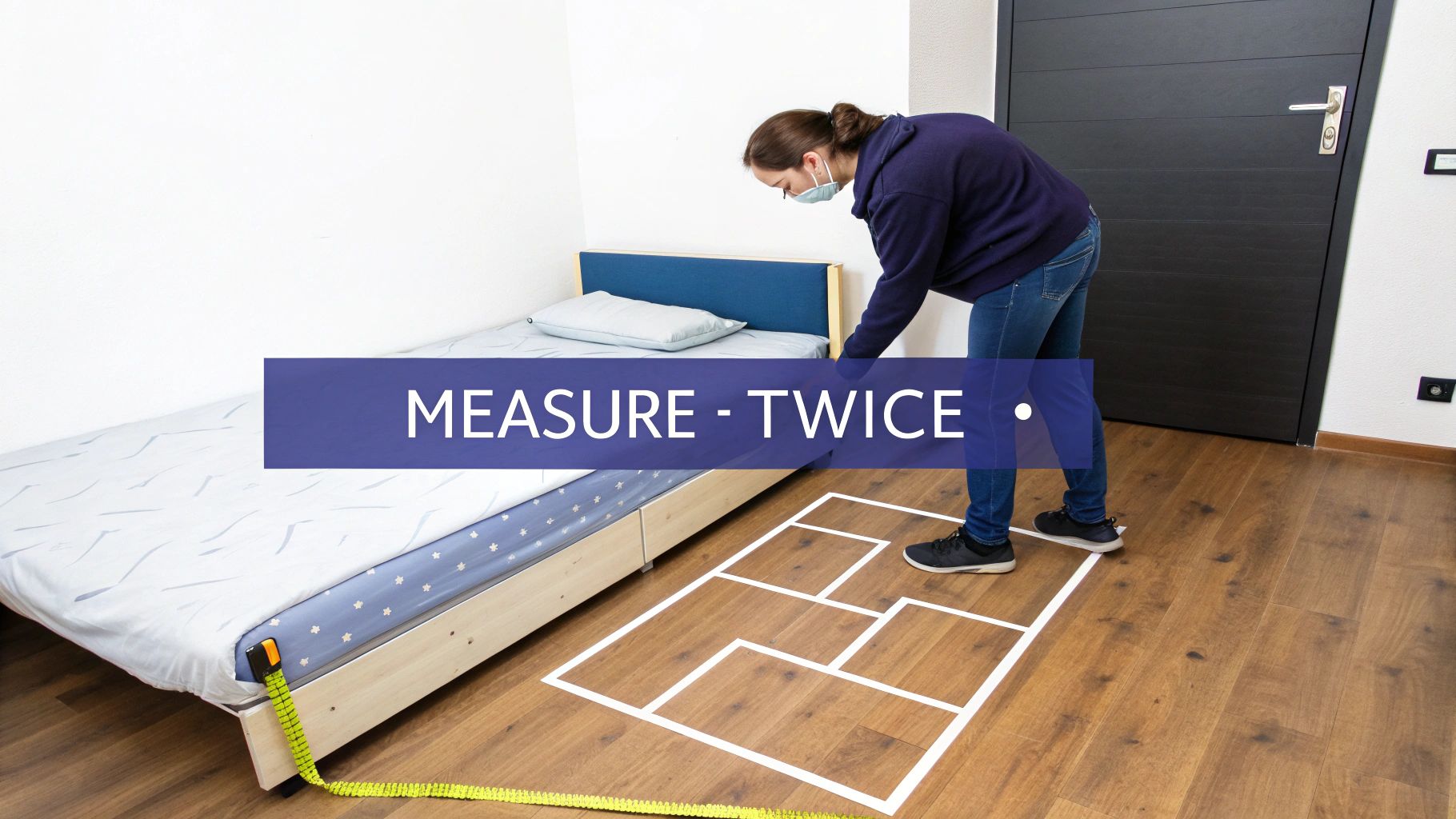 A person using a measuring tape to measure the length of a wall in a bedroom.