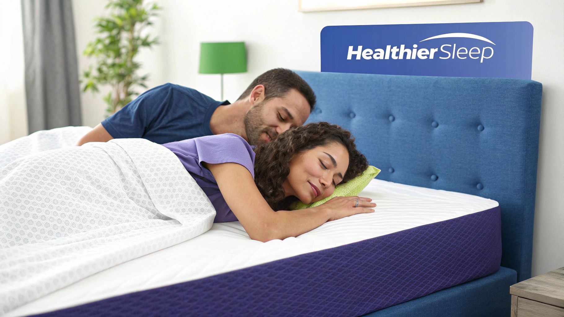 A person waking up refreshed and stretching in a sunlit bedroom with a memory foam bed.