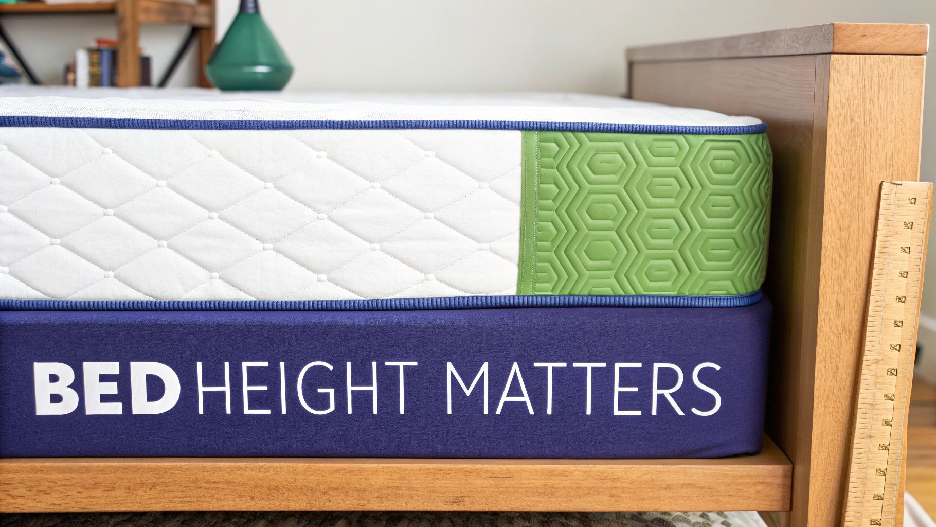 A white and green mattress rests on a navy blue box spring with 'BED HEIGHT MATTERS' text, a ruler nearby.