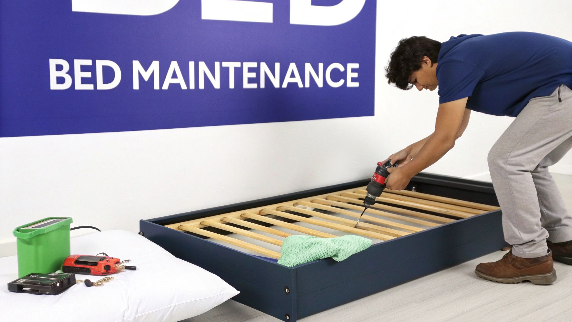 A person uses a power drill to work on a navy blue bed frame with wooden slats.