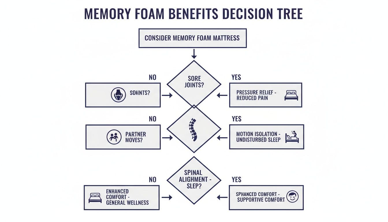 Decision tree illustrating memory foam mattress benefits for sore joints, motion isolation, and spinal alignment.