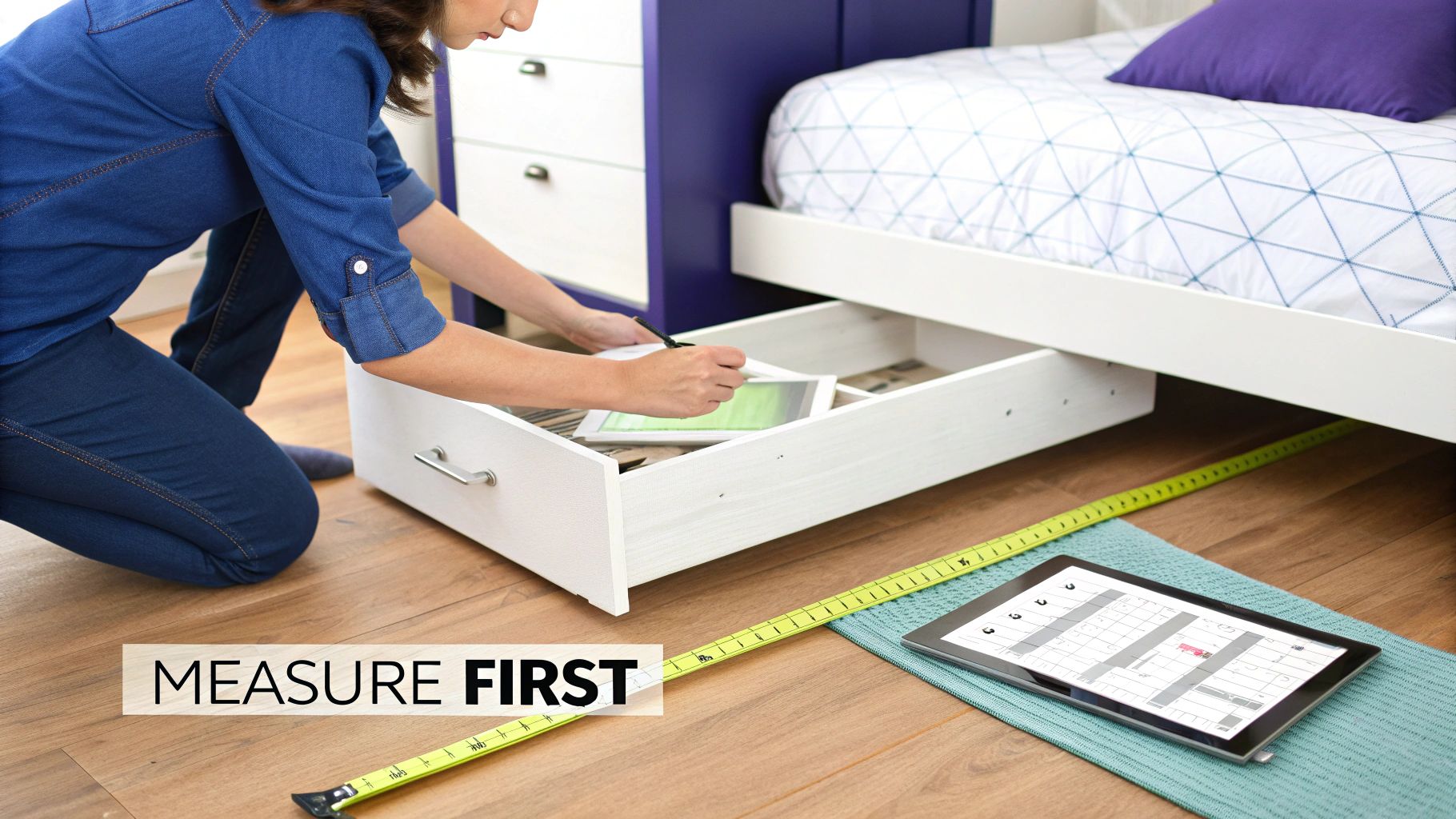 A person measures under-bed storage with a tape measure, planning the bedroom layout.