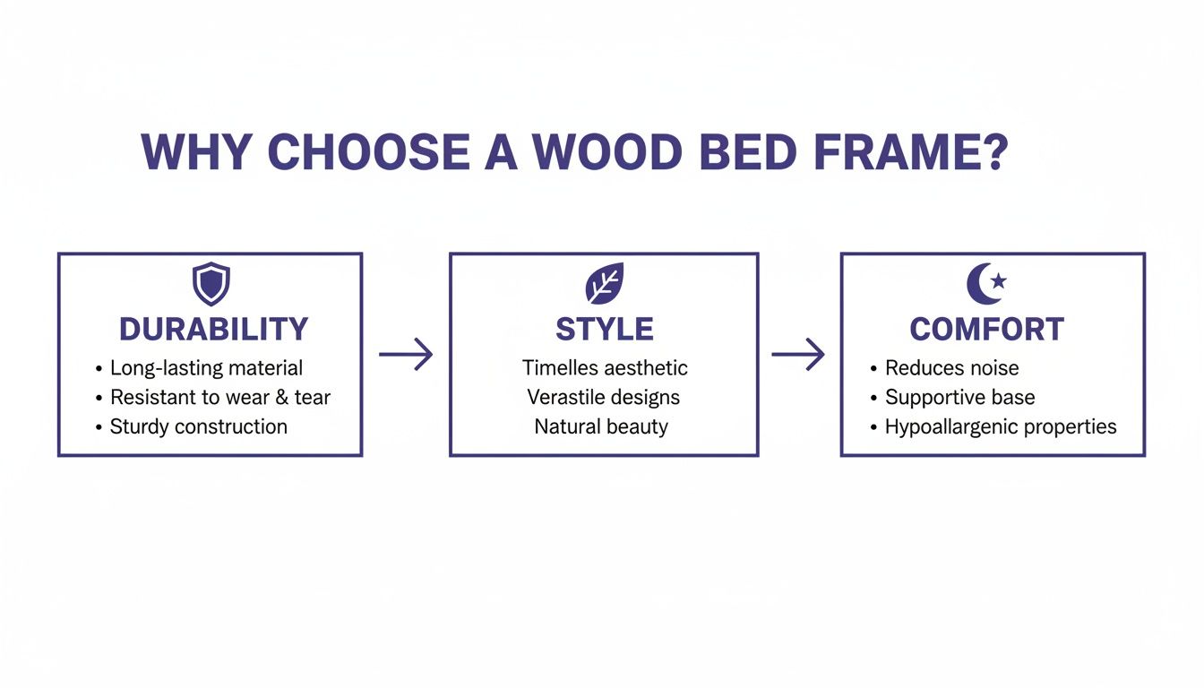 Infographic details the advantages of wood bed frames, covering durability, style, and comfort with key benefits.