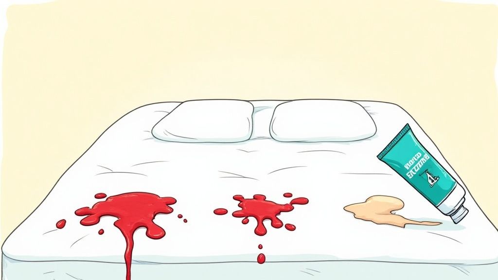 A person spot cleaning a stubborn stain on a mattress with a cloth.