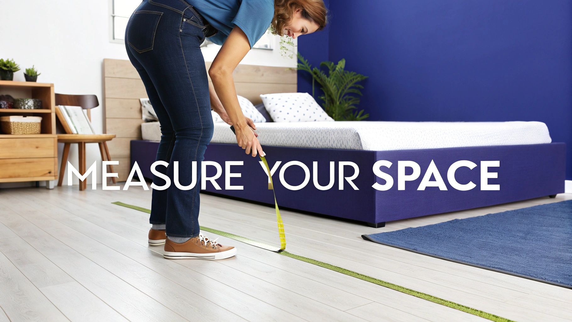 A woman measures a bedroom floor with a tape measure, planning furniture placement.