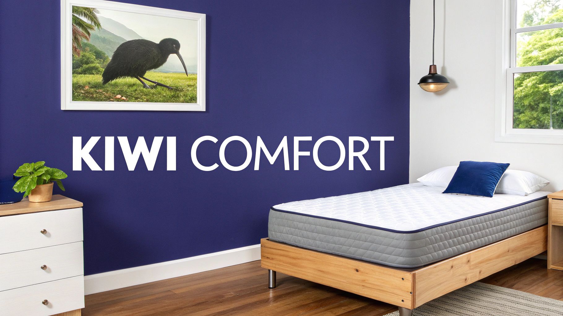 A modern bedroom with a blue wall featuring a kiwi bird artwork and 'Kiwi Comfort' text, beside a bed.