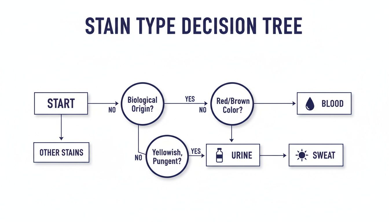 A decision tree flowchart outlining steps to identify biological stains like blood, urine, or sweat.