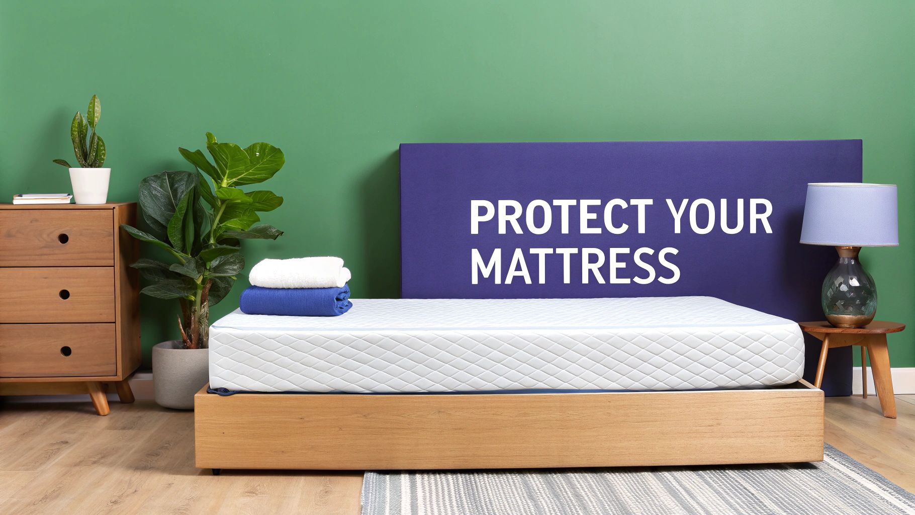 White quilted mattress on wooden bed frame with protect your mattress sign in modern bedroom