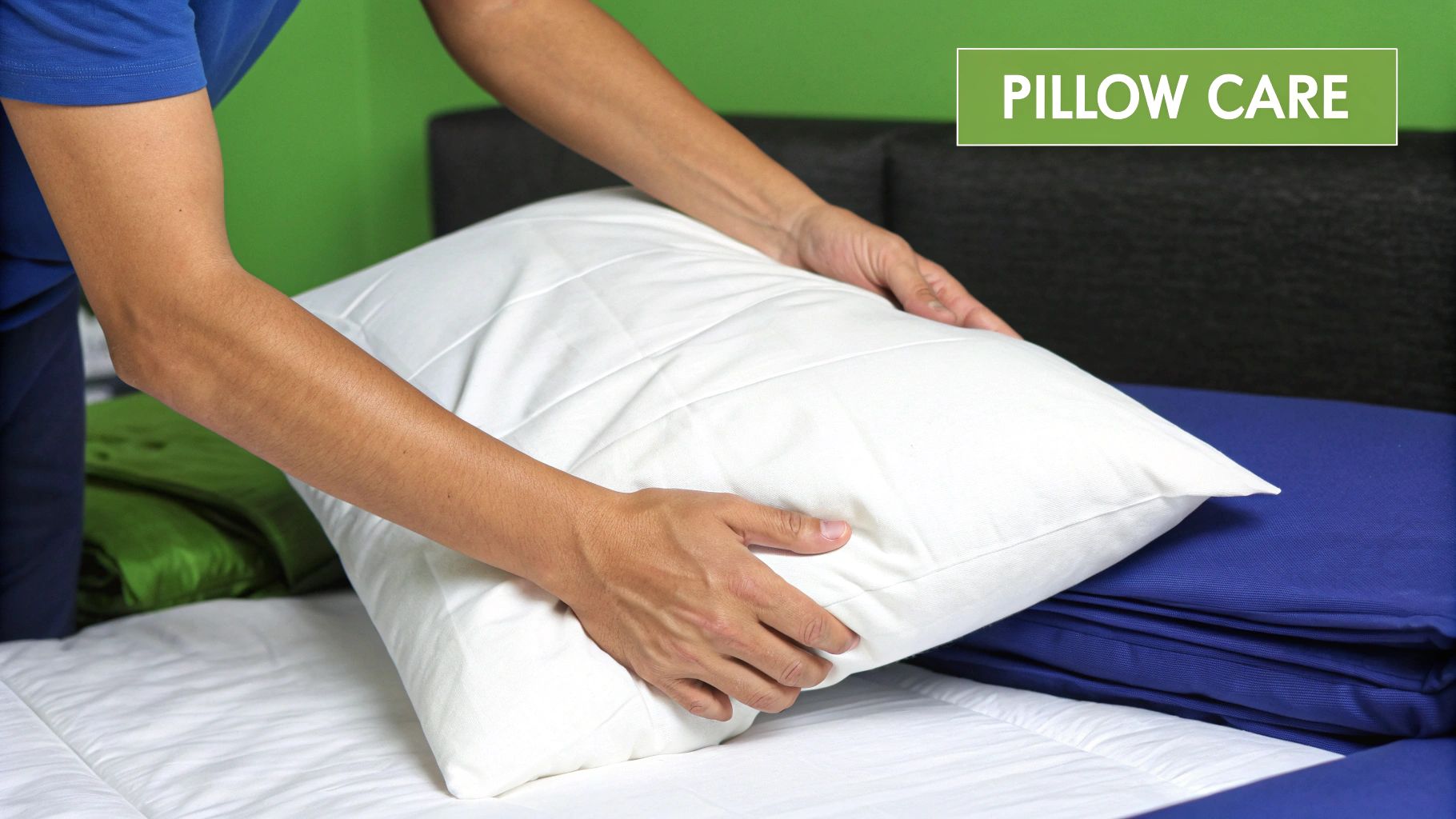 Close-up of hands placing a clean, white quilted pillow on a bed with blue and white linens.